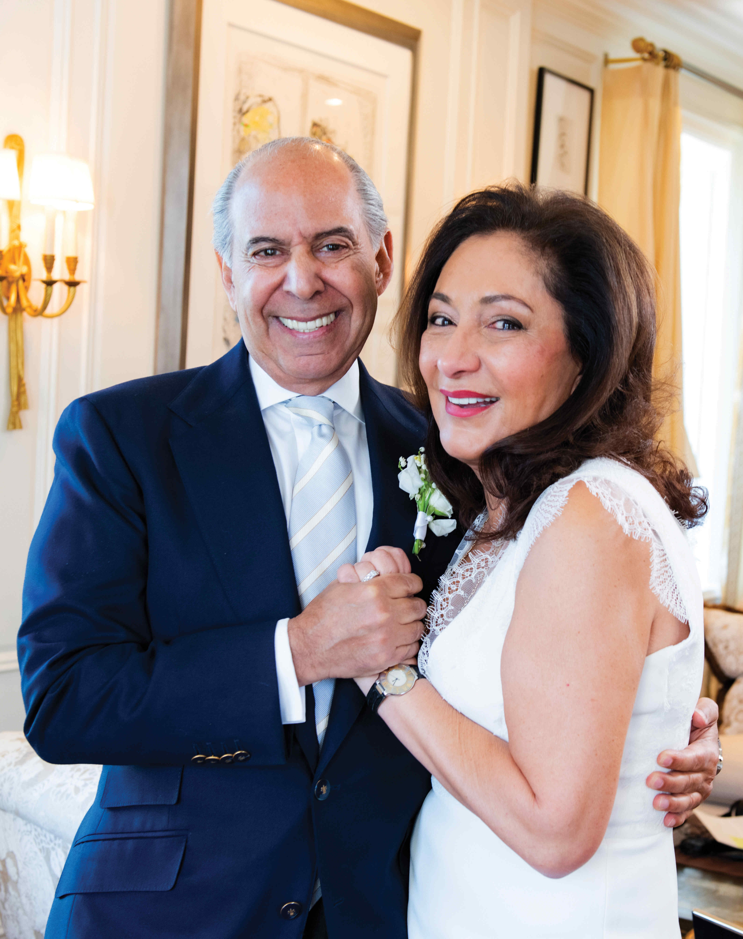 Photo of Iranian-American author Hassan Nemazee and his wife Nazie in their home.