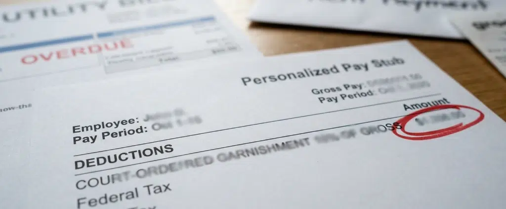 Wage garnishment as part of court-ordered restitution, stacked on top of overdue bills and payments, displaying the financial challenges of financial stability after prison.
