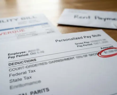 Wage garnishment as part of court-ordered restitution, stacked on top of overdue bills and payments, displaying the financial challenges of financial stability after prison.