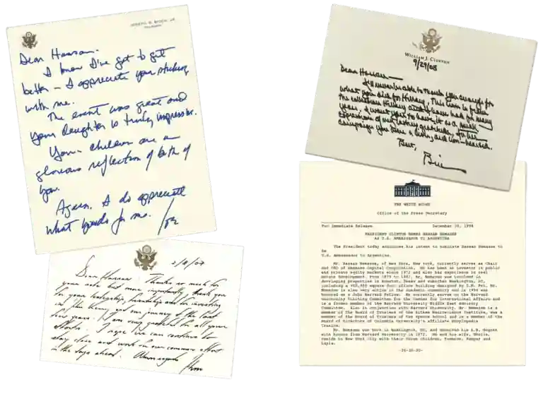 Collage of letters of appreciation from former president Bill Clinton, former president Joe Biden, and a White House Office of the Press Secretary press release announcing Hassan Nemazee being nominated for US Ambassador to Argentina.
